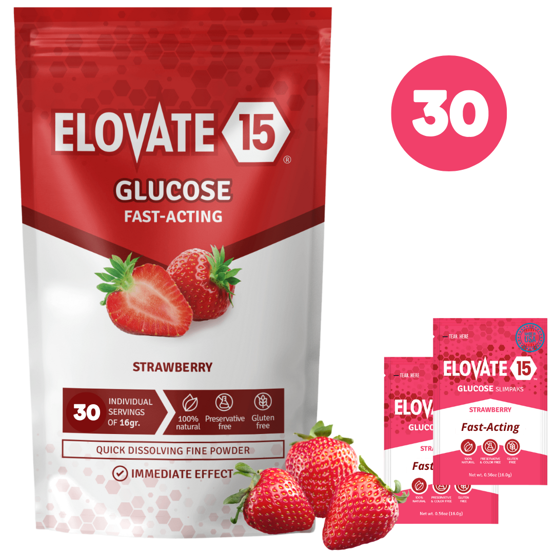Elovate 15 Slimpaks Fast Acting Glucose Powder Packet Strawberry (30 pack) for Quick Energy Boost, Portable and Convenient Alternative to Gels & Tablets, Dextrose Powder Stick, Easy-to-Carry for Low Blood Sugar Support