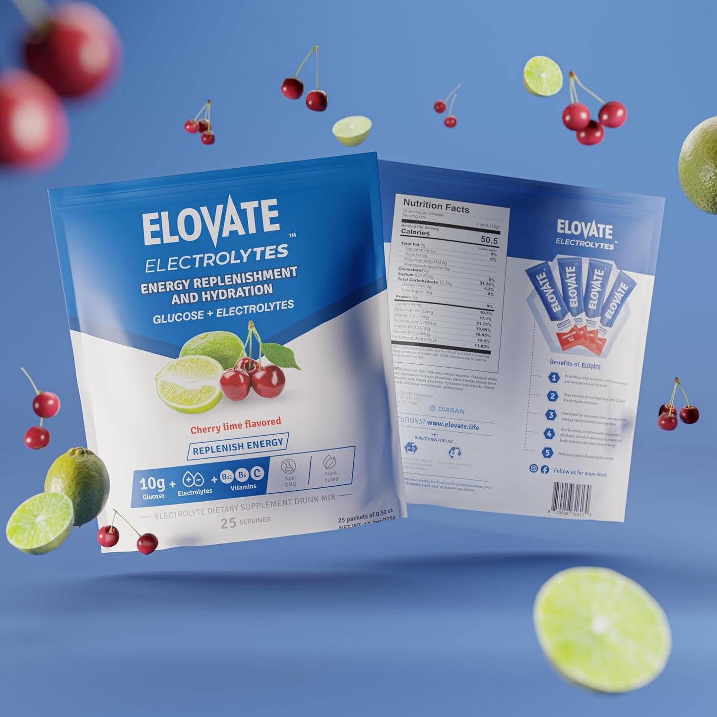 Elovate 15 - Electrolyte Drink Mix with 10g Glucose - Hydrating Electrolyte Powder Packets for Energy, Rapid Rehydration, Workout Recovery, Dehydration Relief, Fitness & Active Lifestyles - Premium Drink for Daily Hydration (Lime Cherry, Pack of 25)