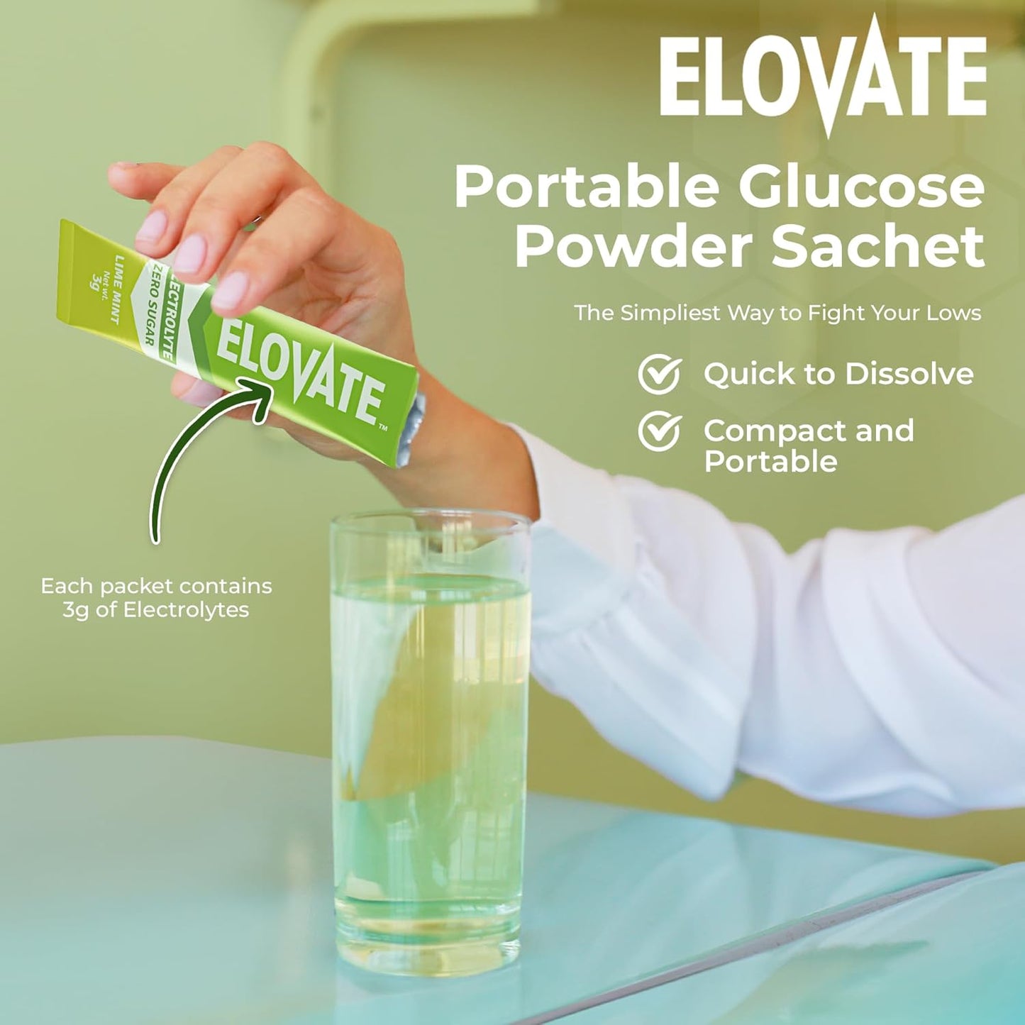 Elovate 15 Zero Sugar Electrolyte Drink Mix - Balanced Hydration Powder Packets 3g Per Stick, Lime Mint Flavor (Pack of 25)