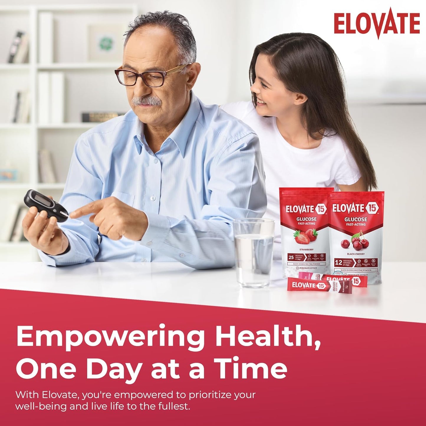 Elovate 15 Slimpaks Fast Acting Glucose Powder Packet for Quick Energy Boost, Portable and Convenient Alternative to Gels & Tablets, FSA/HSA Eligible Dextrose Powder Stick in Natural Strawberry Flavor, Case Pack (100 Count) for Low Blood Sugar Support