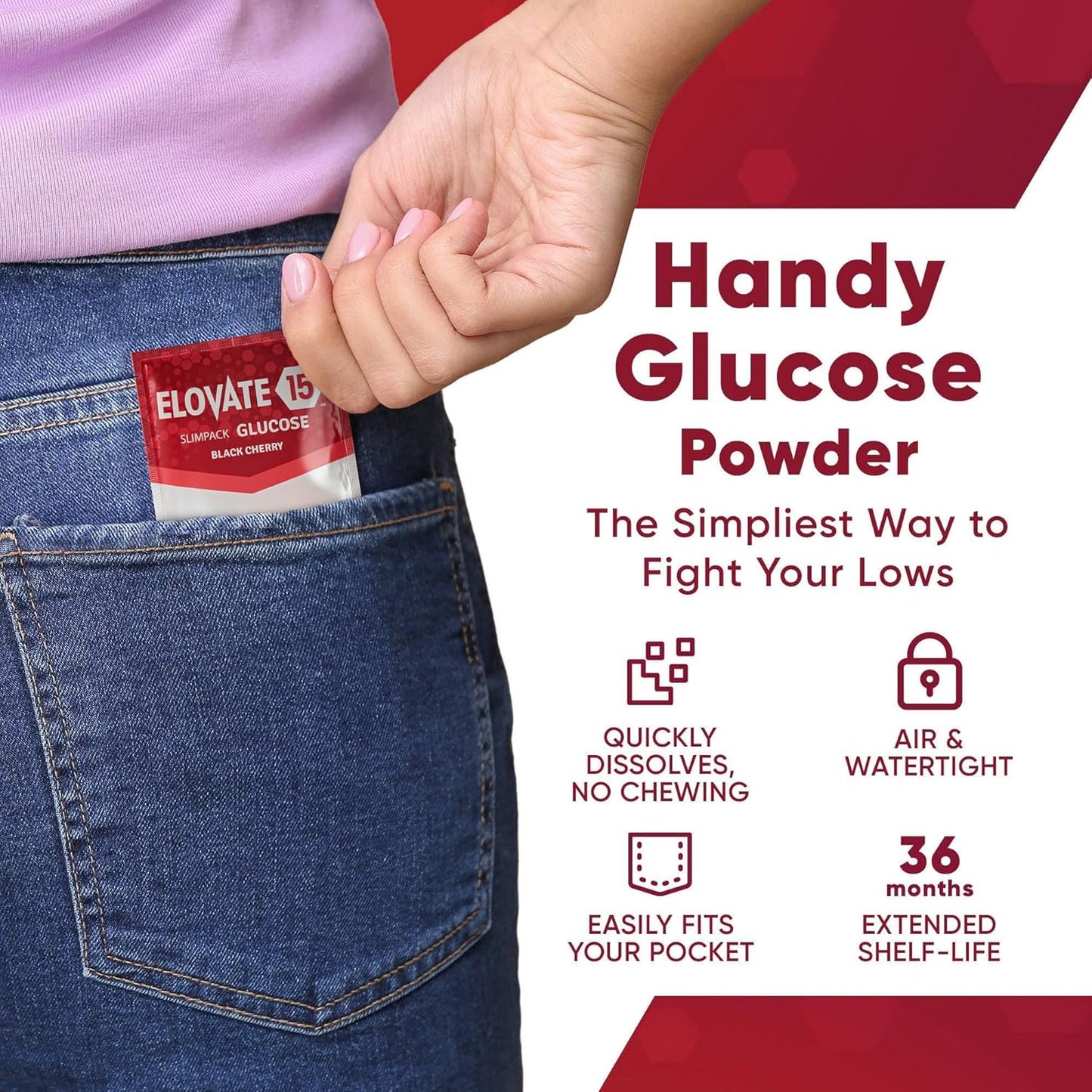 Elovate 15 Slimpaks Fast Acting Glucose Powder Packet for Quick Energy Boost, Portable and Convenient Alternative to Gels & Tablets, FSA/HSA Eligible Dextrose Powder Stick in Natural Black Cherry Flavor, Easy-to-Carry Pack of 5 for Low Blood Sugar Support