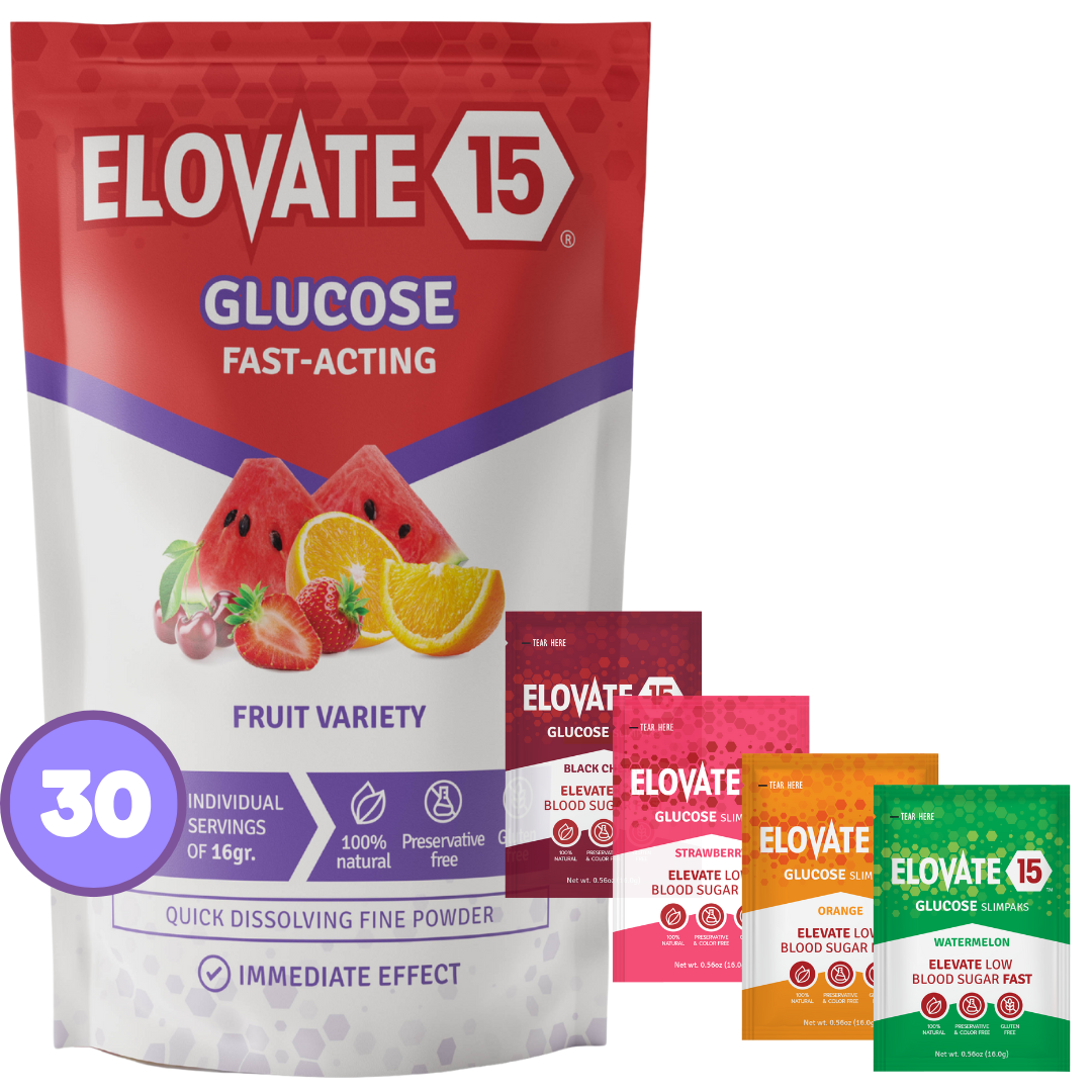 Elovate 15 Slimpaks – Fruit Variety (30 Pack) Fast-Acting Glucose Powder for Quick Energy & Low Blood Sugar Support – Portable