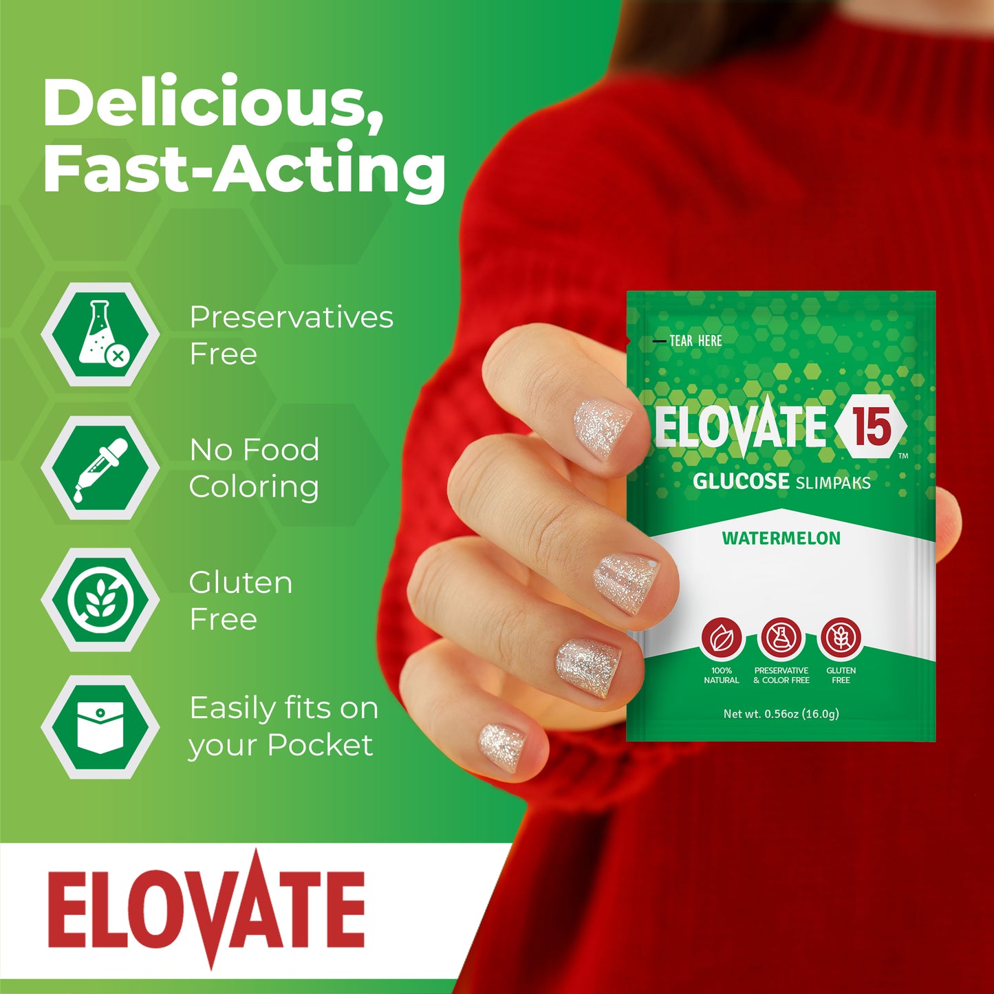 Elovate 15 Slimpaks Fast Acting Glucose Powder Packet for Quick Energy Boost, Portable and Convenient Alternative to Gels & Tablets, FSA/HSA Eligible Dextrose Powder Sachet in Natural Watermelon Flavor, Case Pack (100 Count) for Low Blood Sugar Support