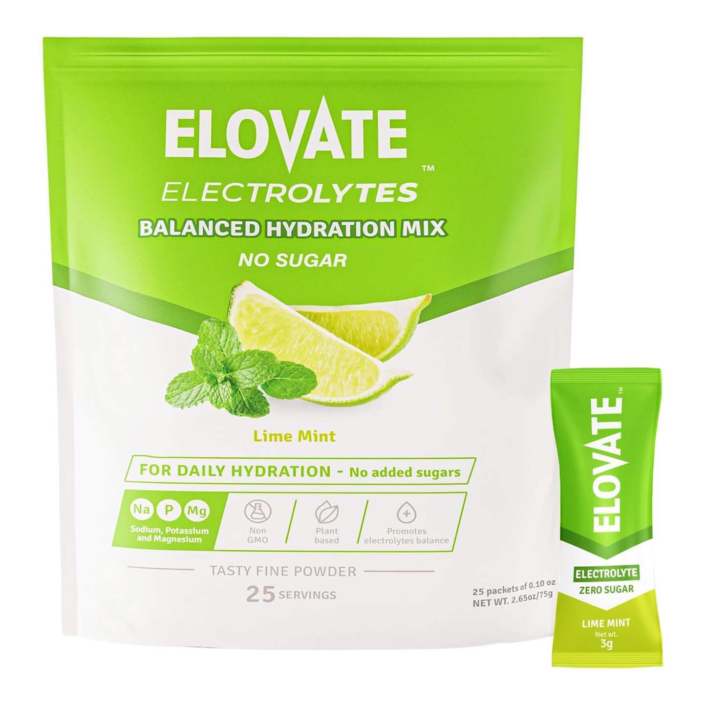 Elovate 15 Zero Sugar Electrolyte Drink Mix - Balanced Hydration Powder Packets for Travel, Workout, Sports & Fitness - Fast-Dissolving Electrolytes Powder for Energy, Recovery, Rehydration & Performance - 3g Per Stick, Lime Mint Flavor (Pack of 25)