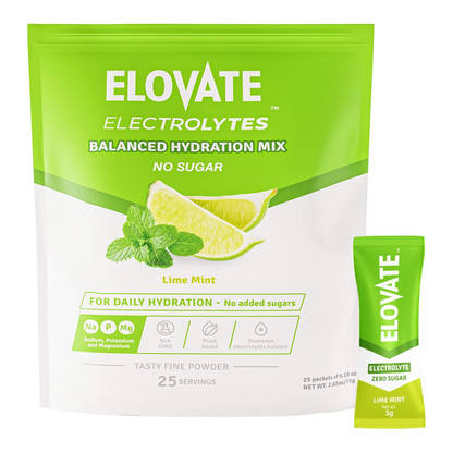 Elovate 15 Zero Sugar Electrolyte Drink Mix - Balanced Hydration Powder Packets 3g Per Stick, Lime Mint Flavor (Pack of 25)