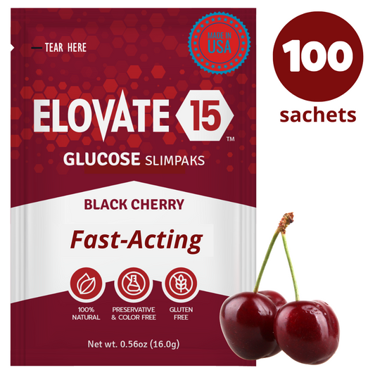 Elovate 15 Slimpaks Fast Acting Glucose Powder Packet for Quick Energy Boost, Portable and Convenient Alternative to Gels & Tablets, FSA/HSA Eligible Dextrose Powder Stick in Natural Black Cherry Flavor, Case Pack (100 Count) for Low Blood Sugar Support