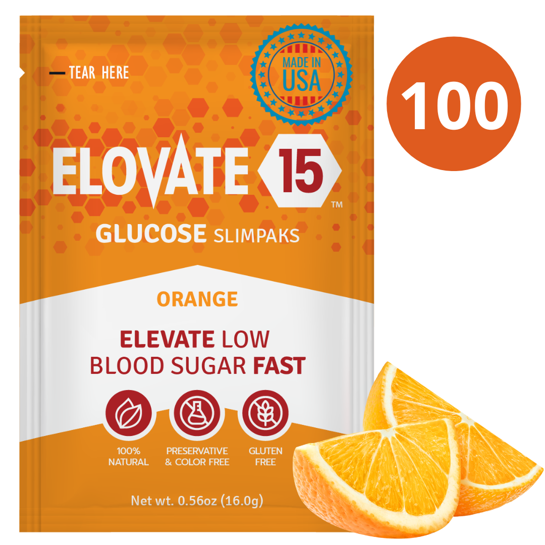 Elovate 15 Slimpaks Fast Acting Glucose Powder Packet for Quick Energy Boost, Portable and Convenient Alternative to Gels & Tablets, FSA/HSA Eligible Dextrose Powder Stick in Natural Orange Flavor, Case Pack (100 Count) for Low Blood Sugar Support