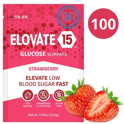 Elovate 15 Slimpaks Fast Acting Glucose Powder Packet for Quick Energy Boost, Portable and Convenient Alternative to Gels & Tablets, FSA/HSA Eligible Dextrose Powder Stick in Natural Strawberry Flavor, Case Pack (100 Count) for Low Blood Sugar Support