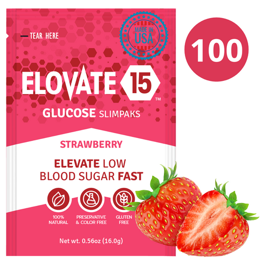 Elovate 15 Slimpaks Fast Acting Glucose Powder Packet for Quick Energy Boost, Portable and Convenient Alternative to Gels & Tablets, FSA/HSA Eligible Dextrose Powder Stick in Natural Strawberry Flavor, Case Pack (100 Count) for Low Blood Sugar Support