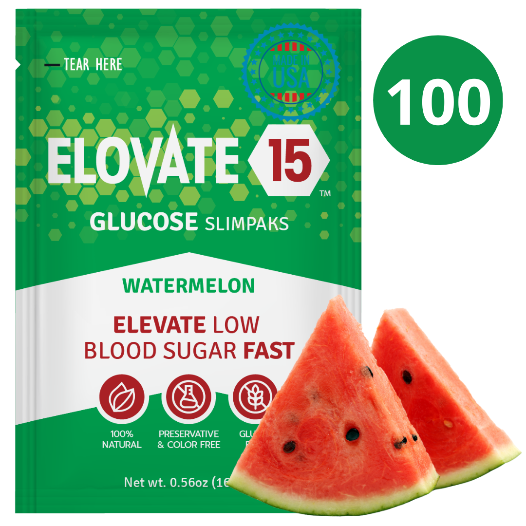 Elovate 15 Slimpaks Fast Acting Glucose Powder Packet for Quick Energy Boost, Portable and Convenient Alternative to Gels & Tablets, FSA/HSA Eligible Dextrose Powder Sachet in Natural Watermelon Flavor, Case Pack (100 Count) for Low Blood Sugar Support