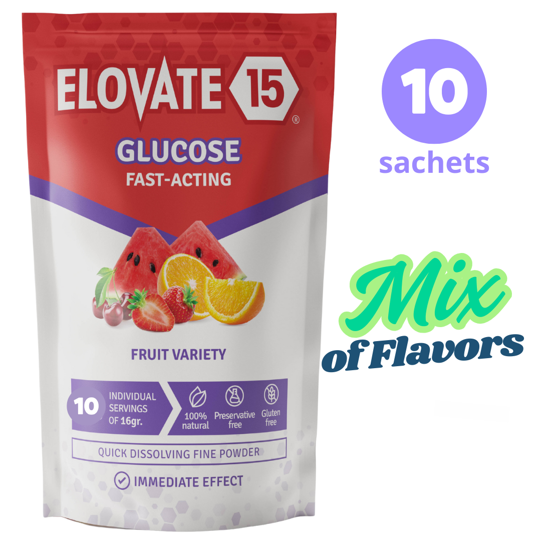 Elovate 15 Slimpaks – Fast-Acting Glucose Powder for Quick Energy & Low Blood Sugar Support – Portable, FSA/HSA Eligible, Natural Fruit Variety (10 Pack)