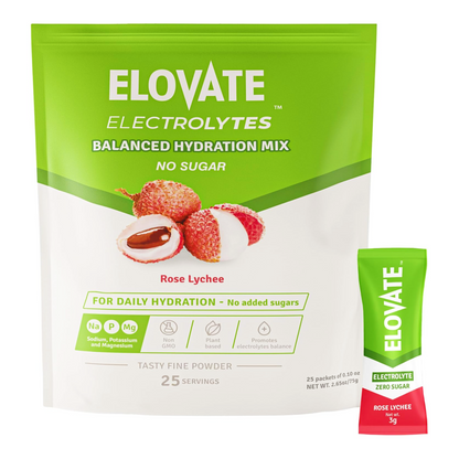 Elovate 15 Zero Sugar Electrolyte Drink Mix - Balanced Hydration Powder Packets 3g Per Stick, Rose Lychee Flavor (Pack of 25)