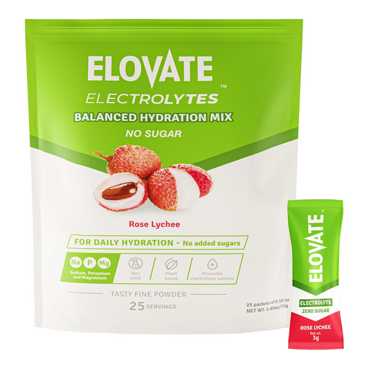 Elovate 15 Zero Sugar Electrolyte Drink Mix - Balanced Hydration Powder Packets for Travel, Workout, Sports & Fitness - Fast-Dissolving Electrolytes Powder for Energy, Recovery, Rehydration & Performance - 3g Per Stick, Rose Lychee Flavor (Pack of 25)