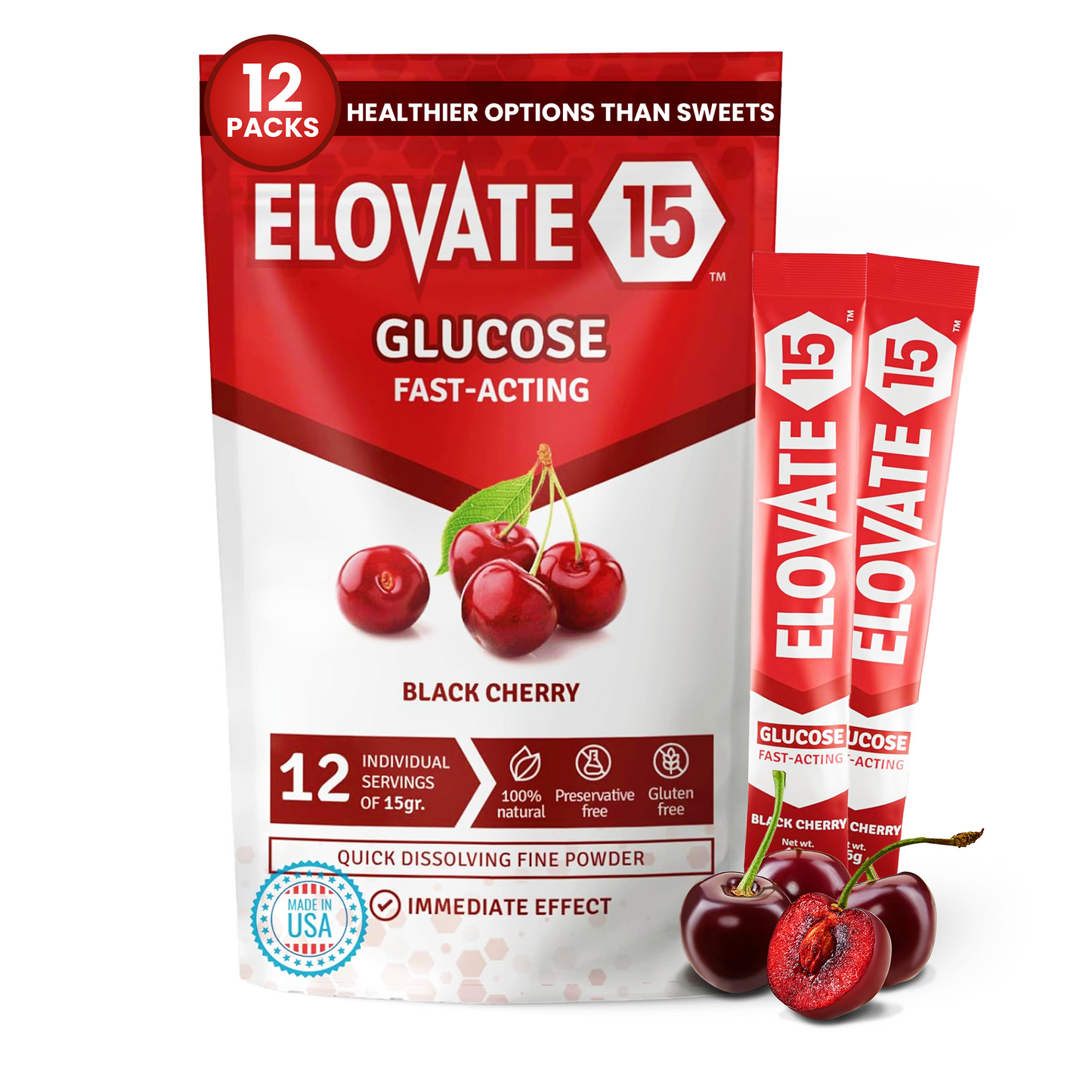 Elovate 15 Slimpaks Fast Acting Glucose Powder Packet for Quick Energy Boost, Portable and Convenient Alternative to Gels & Tablets, FSA/HSA Eligible Dextrose Powder Stick in Natural Black Cherry Flavor, Easy-to-Carry, 12 Pack for Low Blood Sugar Support