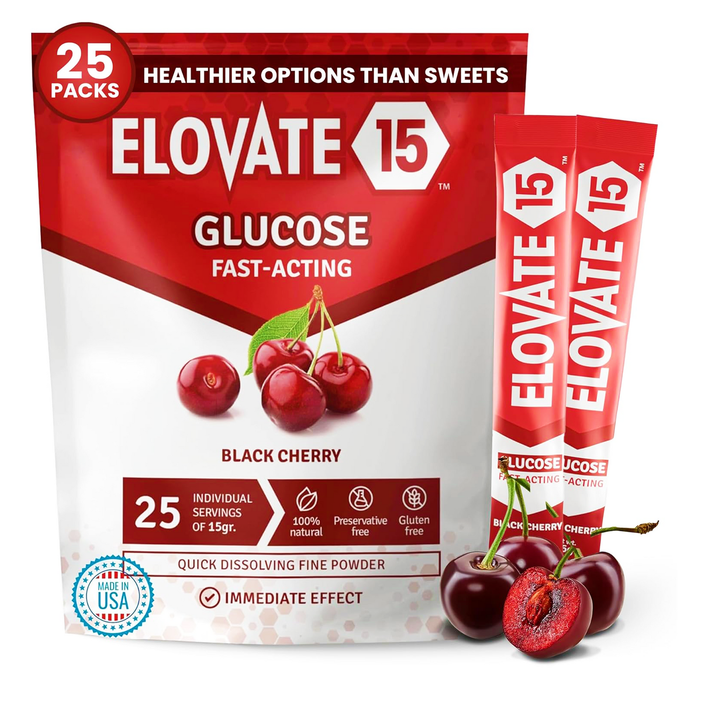 Elovate 15 Slimpaks Fast Acting Glucose Powder Packet for Quick Energy Boost, Portable and Convenient Alternative to Gels & Tablets, FSA/HSA Eligible Dextrose Powder Stick in Natural Black Cherry Flavor, Easy-to-Carry, 25 Pack for Low Blood Sugar Support