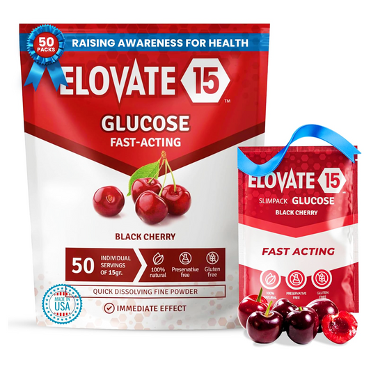 Elovate 15 Slimpaks Fast Acting Glucose Powder Packet for Quick Energy Boost, Portable and Convenient Alternative to Gels & Tablets, FSA/HSA Eligible Dextrose Powder Stick in Natural Black Cherry Flavor, Easy-to-Carry, 50  Pack for Low Blood Sugar Support