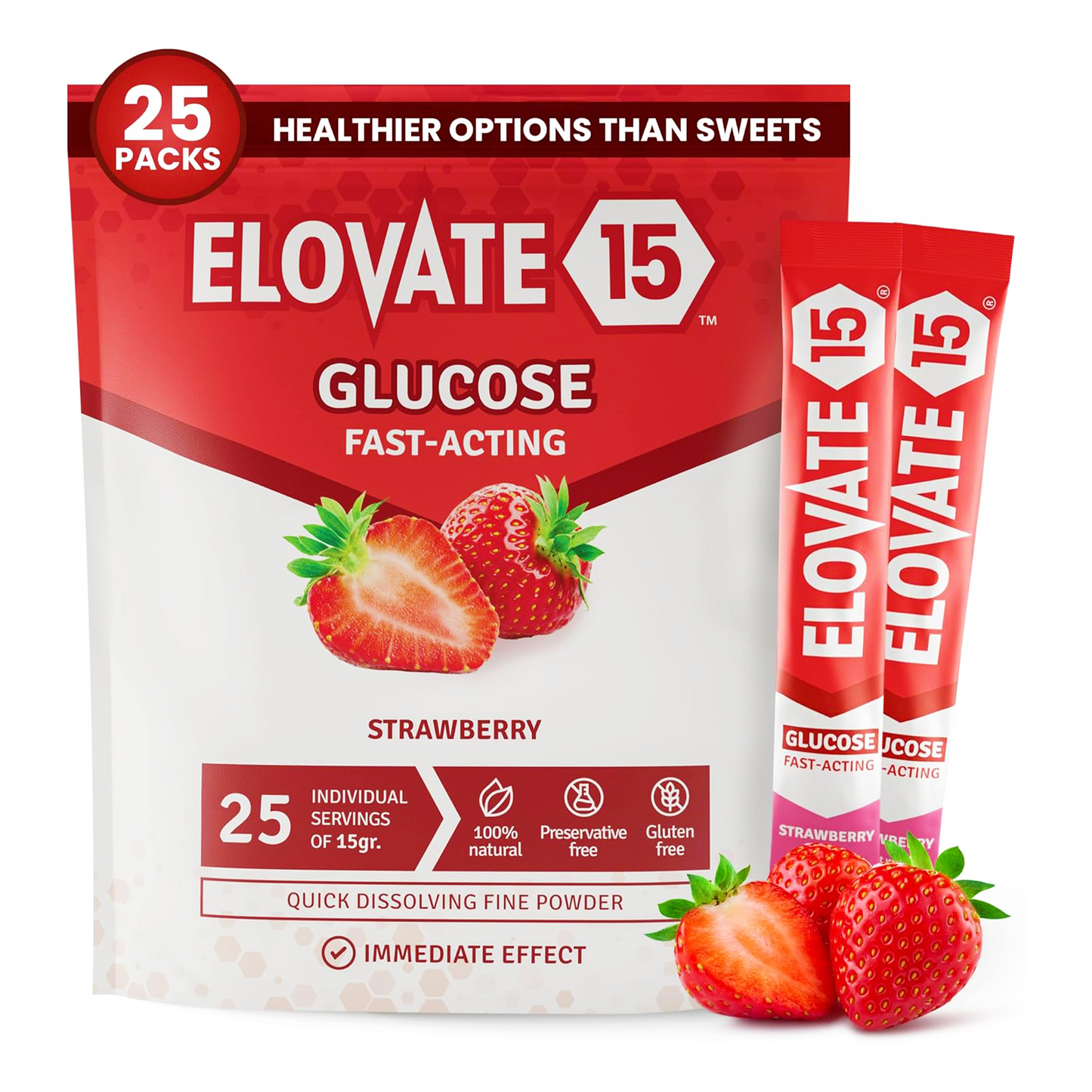 Elovate 15 Slimpaks Fast Acting Glucose Powder Packet for Quick Energy Boost, Portable and Convenient Alternative to Gels & Tablets, FSA/HSA Eligible Dextrose Powder Stick in Natural Strawberry Flavor, Easy-to-Carry Pack of 25 for Low Blood Sugar Support