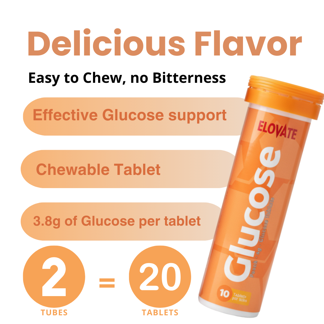 ELOVATE Glucose Tablets, Peach & Raspberry Variety – 15g Per Serving, Chewable, Gluten Free – 2 Tubes (20 Count)