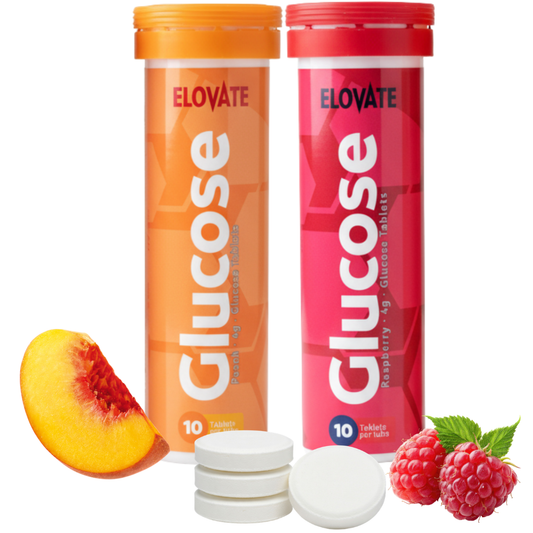 ELOVATE Glucose Tablets, Peach & Raspberry Variety – 15g Per Serving, Chewable, Gluten Free – 2 Tubes (20 Count)