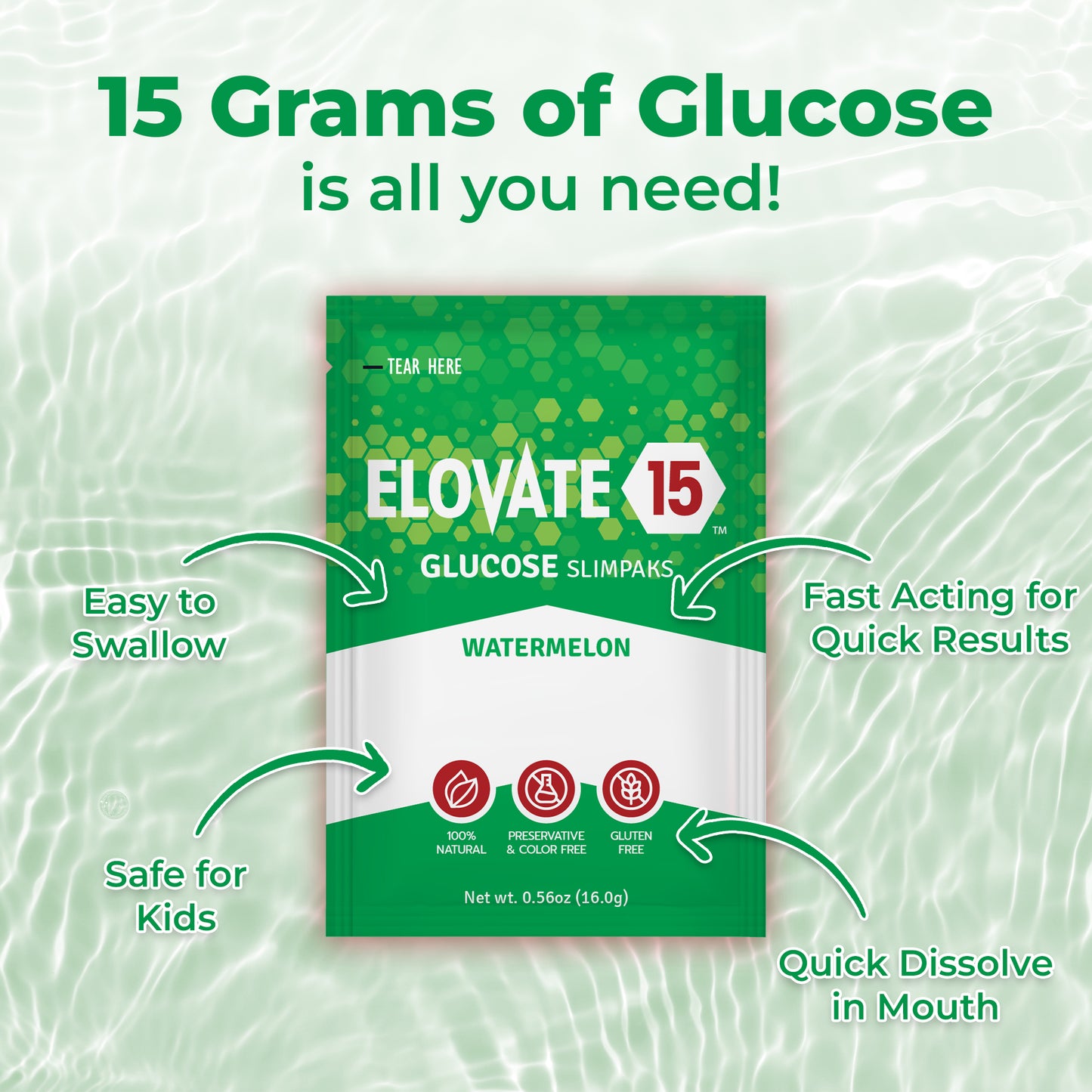 Elovate 15 Slimpaks Fast Acting Glucose Powder Packet for Quick Energy Boost, Portable and Convenient Alternative to Gels & Tablets, FSA/HSA Eligible Dextrose Powder Sachet in Natural Watermelon Flavor, Case Pack (100 Count) for Low Blood Sugar Support