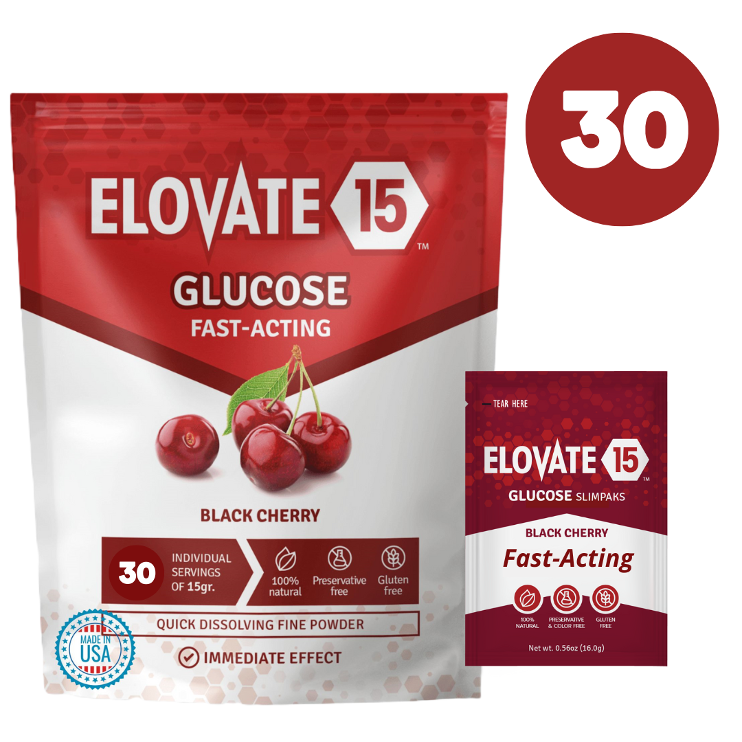 Elovate 15 Slimpaks Natural Black Cherry Flavor 30 Pack, Fast Acting Glucose Powder Packet for Quick Energy Boost, Portable and Convenient Alternative to Gels & Tablets, Dextrose Powder Stick, Easy-to-Carry, for Low Blood Sugar Support