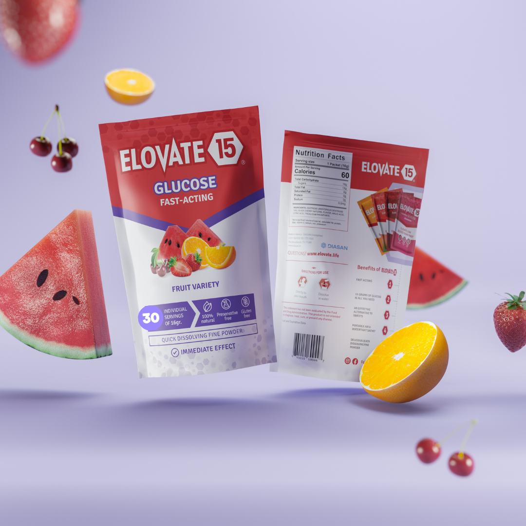 Elovate 15 Slimpaks – Fruit Variety (30 Pack) Fast-Acting Glucose Powder for Quick Energy & Low Blood Sugar Support – Portable