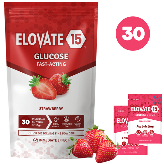 Elovate 15 Slimpaks Fast Acting Glucose Powder Packet Strawberry (30 pack) for Quick Energy Boost, Portable and Convenient Alternative to Gels & Tablets,  Dextrose Powder Stick, Easy-to-Carry for Low Blood Sugar Support