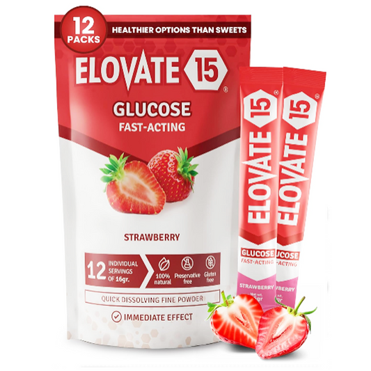 Elovate 15 Slimpaks Fast Acting Glucose Powder Packet for Quick Energy Boost, Portable and Convenient Alternative to Gels & Tablets, FSA/HSA Eligible Dextrose Powder Stick in Natural Strawberry Flavor, Easy-to-Carry Pack of 12 for Low Blood Sugar Support