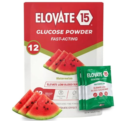 Elovate 15 Fast Acting Glucose Packets - Quick Dissolving, Gluten-Free 15g of Powder Packets Energy Dips - Oral Dextrose Powder for Kids & Adults, Hypoglycemia (12 x Watermelon)