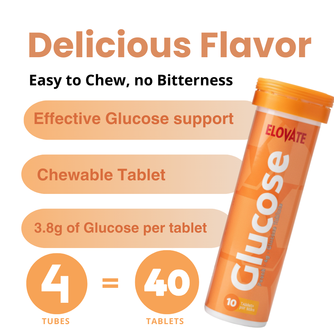 ELOVATE Glucose Tablets, Peach & Raspberry Variety – 15g Per Serving, Chewable, Gluten Free – 4 Tubes (40 Count)