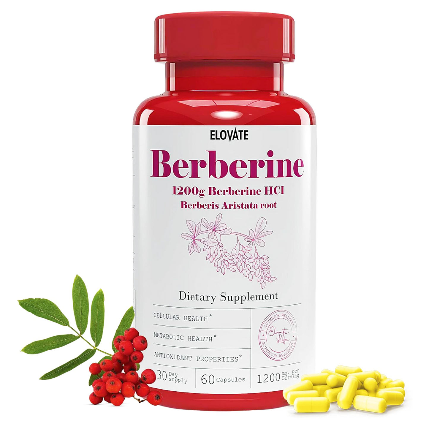 Elovate 15 Berberine HCI Berberis Aristata Root Capsules - Fast Acting Herbal Supplement for Blood Sugar Balance, Metabolism, Heart Health, and Daily Wellness Support for Men and Women - Natural, High Absorption, 1200mg (60 Day Supply, 60 Capsules)