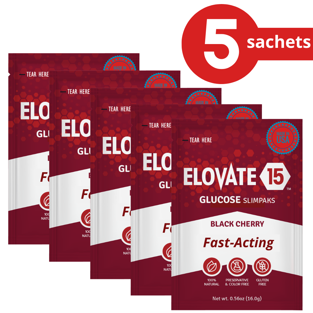 Elovate 15 Slimpaks Fast Acting Glucose Powder Packet for Quick Energy Boost, Portable and Convenient Alternative to Gels & Tablets, FSA/HSA Eligible Dextrose Powder Stick in Natural Black Cherry Flavor, Easy-to-Carry Pack of 5 for Low Blood Sugar Support