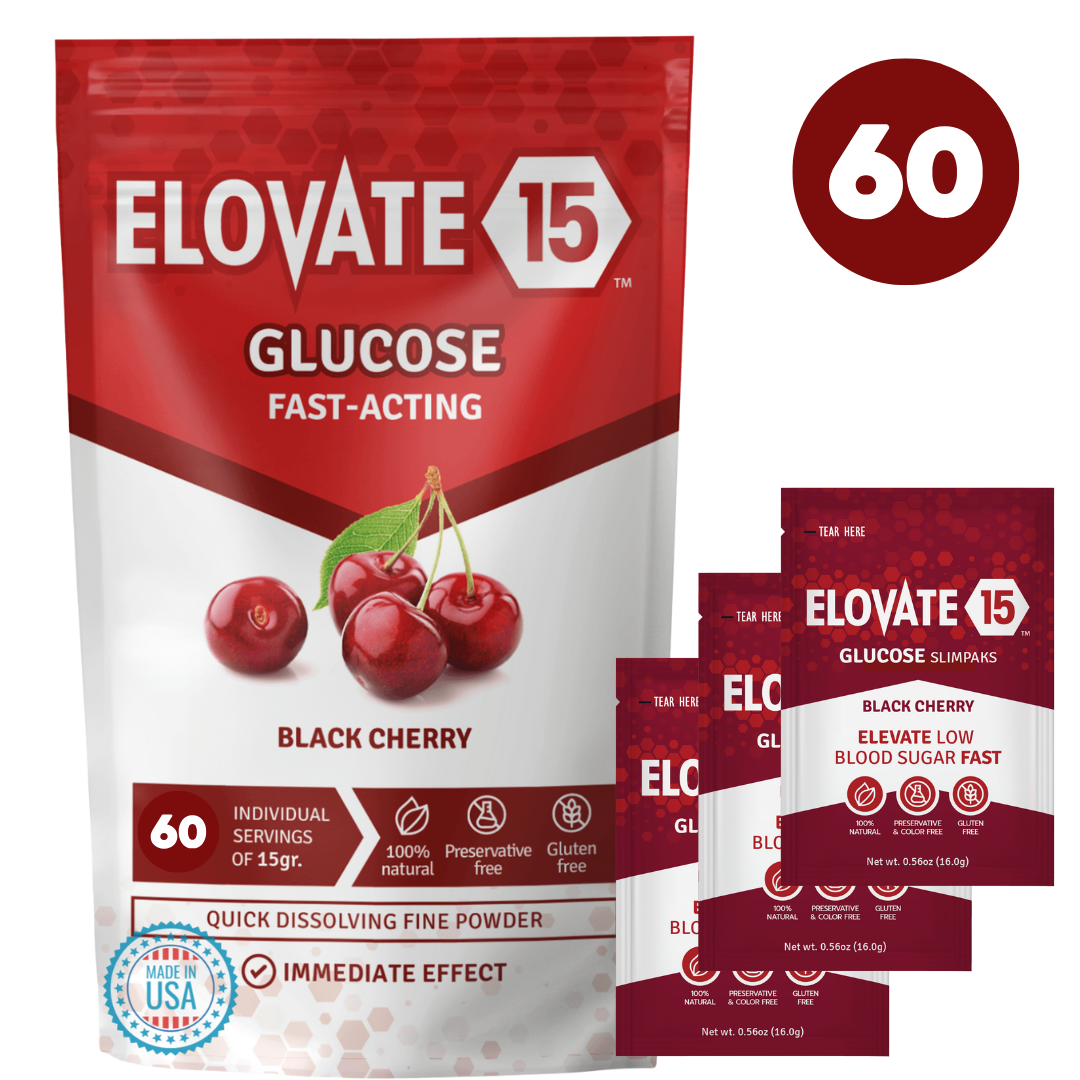 Elovate 15 Slimpaks Natural Black Cherry Flavor 60 PackFast Acting Glucose Powder Packet for Quick Energy Boost, Portable and Convenient Alternative to Gels & Tablets,  Dextrose Powder Stick, Easy-to-Carry for Low Blood Sugar Support