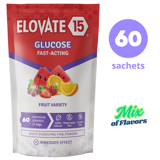 Elovate 15 Slimpaks – Fast-Acting Glucose Powder for Quick Energy & Low Blood Sugar Support – Portable, Natural Fruit Variety (60 Pack)