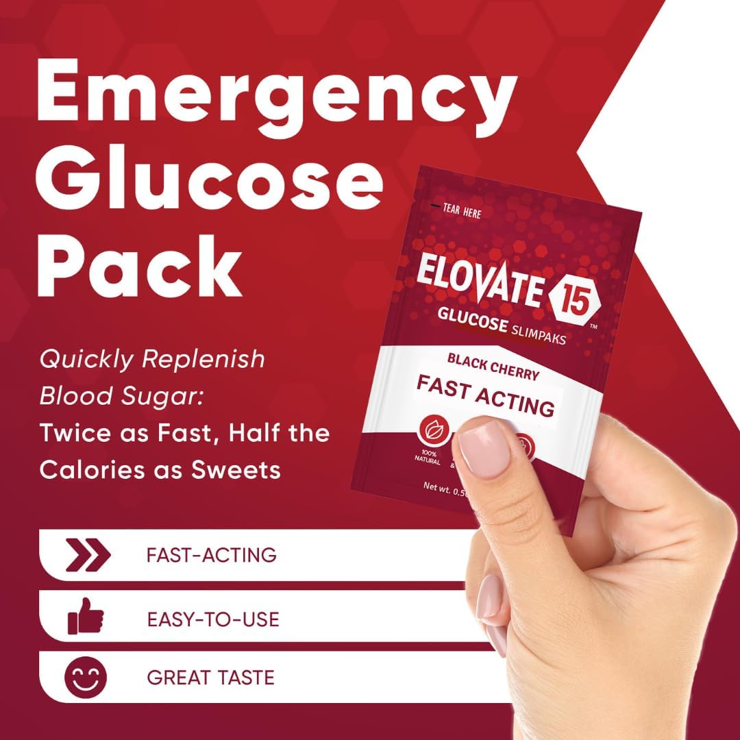 Elovate 15 Slimpaks Fast Acting Glucose Powder Packet for Quick Energy Boost, Portable and Convenient Alternative to Gels & Tablets, FSA/HSA Eligible Dextrose Powder Stick in Natural Black Cherry Flavor, Case Pack (100 Count) for Low Blood Sugar Support