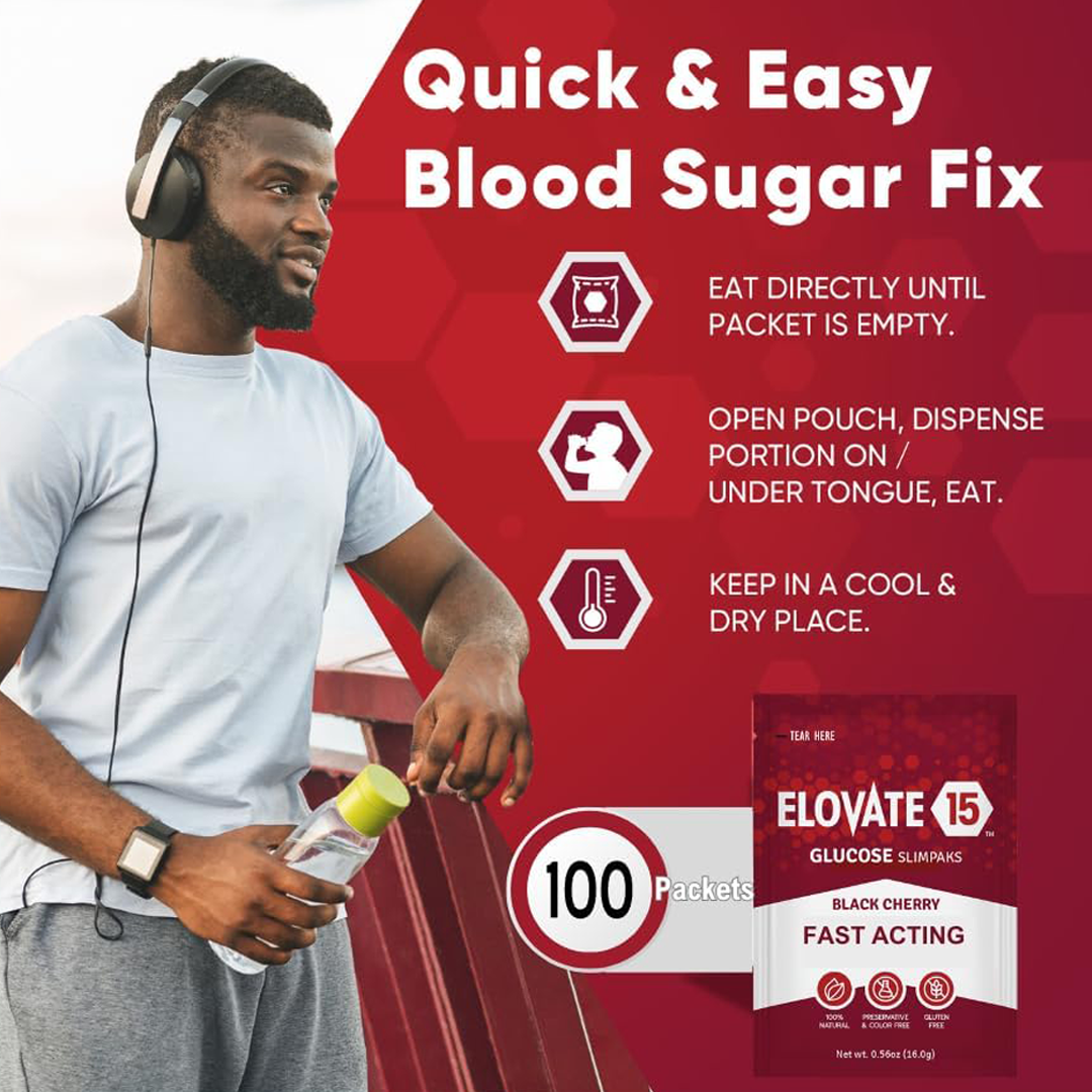 Elovate 15 Slimpaks Fast Acting Glucose Powder Packet for Quick Energy Boost, Portable and Convenient Alternative to Gels & Tablets, FSA/HSA Eligible Dextrose Powder Stick in Natural Black Cherry Flavor, Case Pack (100 Count) for Low Blood Sugar Support