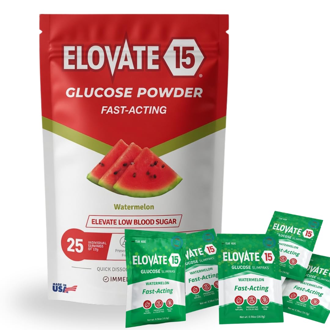 Elovate 15 Fast Acting Glucose Packets - Quick Dissolving, Gluten-Free 15g of Powder Packets Energy Dips - Oral Dextrose Powder for Kids & Adults, Hypoglycemia (12 x Watermelon)