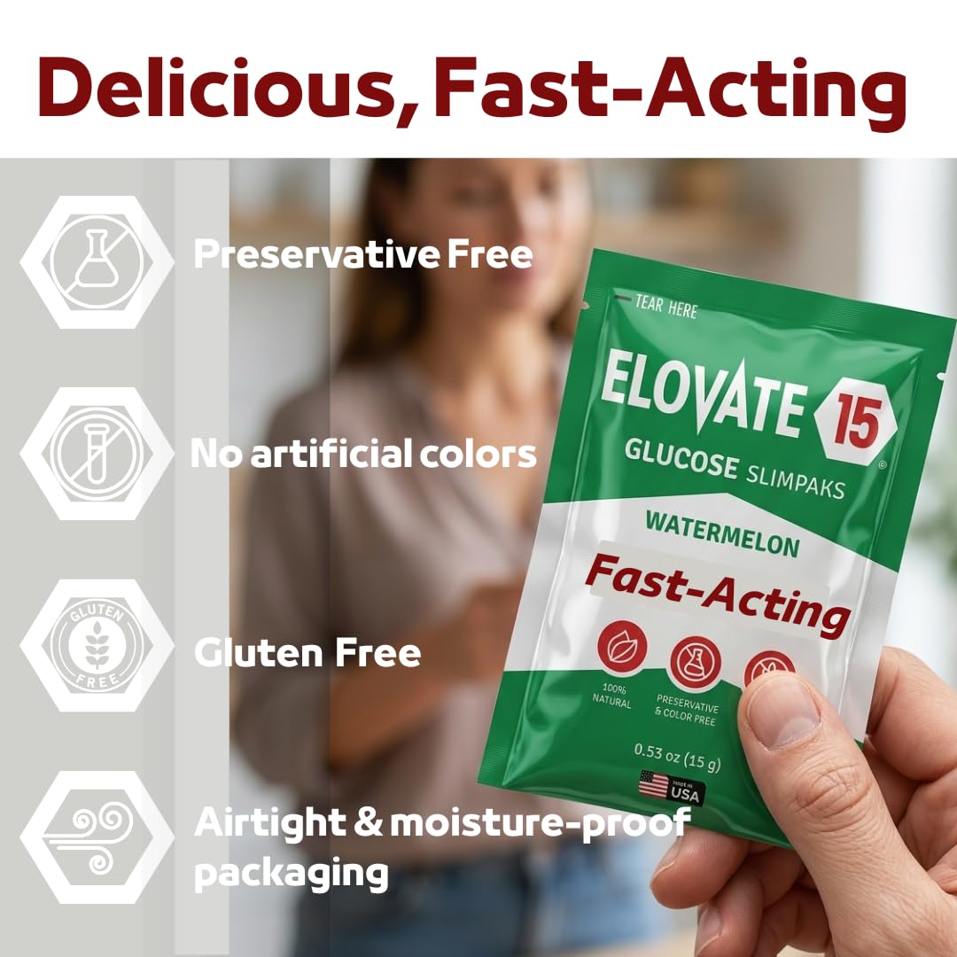 Elovate 15 Fast Acting Glucose Packets - Quick Dissolving, Gluten-Free 15g of Powder Packets Energy Dips - Oral Dextrose Powder for Kids & Adults, Hypoglycemia (12 x Watermelon)
