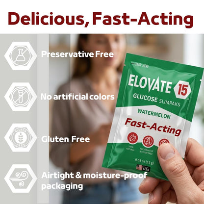Elovate 15 Fast Acting Glucose Packets - Quick Dissolving, Gluten-Free 15g of Powder Packets Energy Dips - Oral Dextrose Powder for Kids & Adults, Hypoglycemia (12 x Watermelon)