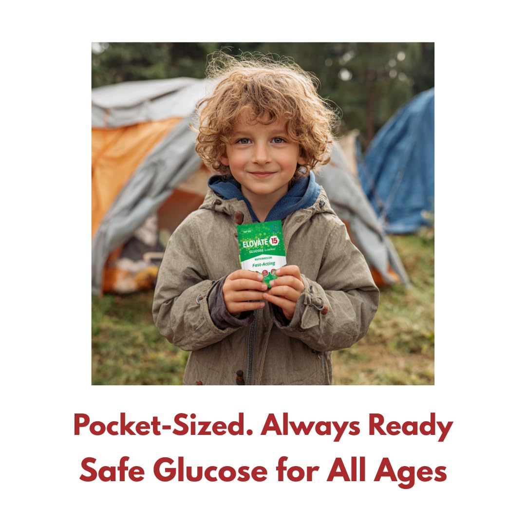 Elovate 15 Fast Acting Glucose Packets - Quick Dissolving, Gluten-Free 15g of Powder Packets Energy Dips - Oral Dextrose Powder for Kids & Adults, Hypoglycemia (12 x Watermelon)