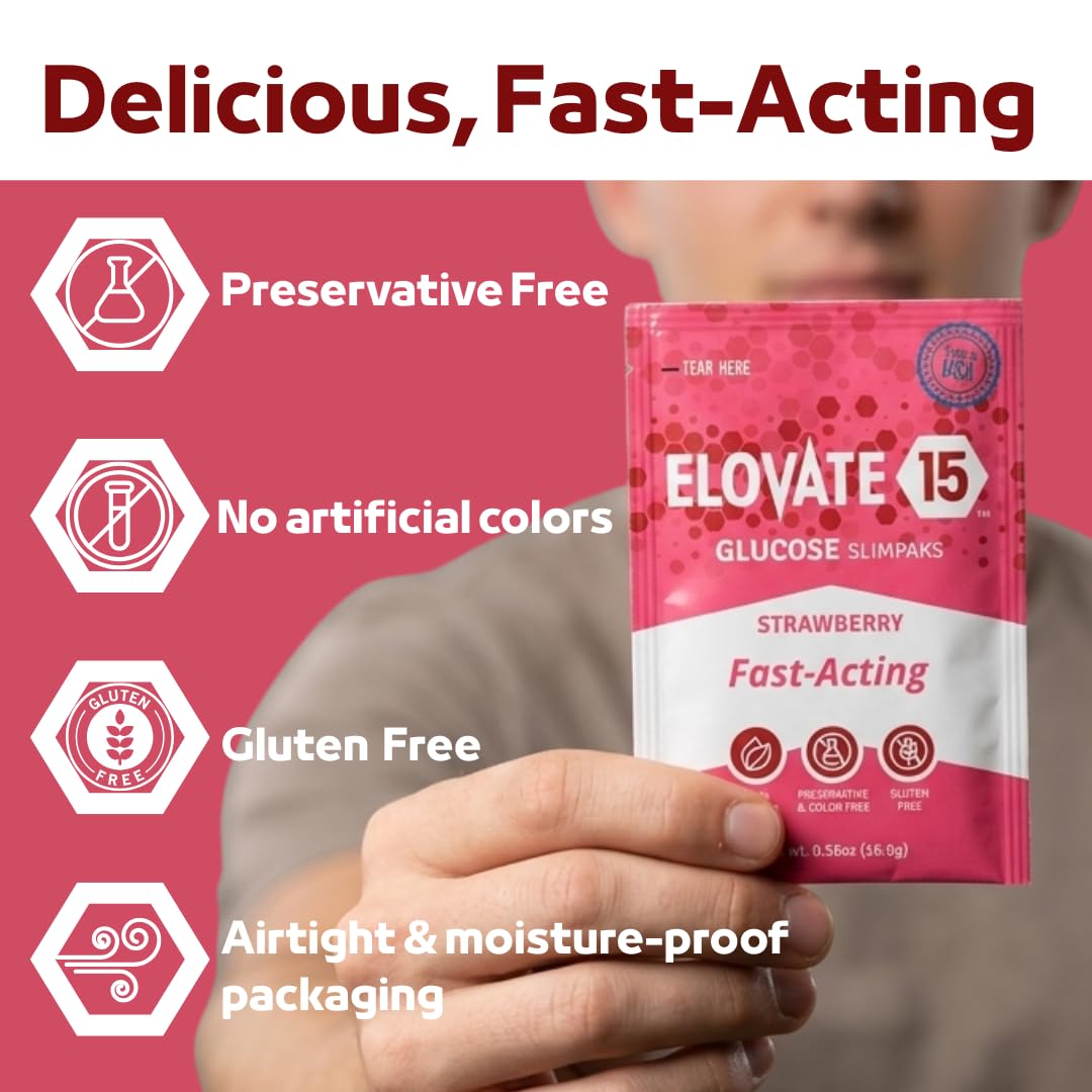 Elovate 15 Fast Acting Glucose Packets - Quick Dissolving, Gluten-Free 15g of Powder Packets Energy Dips - Oral Dextrose Powder for Kids & Adults, Hypoglycemia (12 x Watermelon)