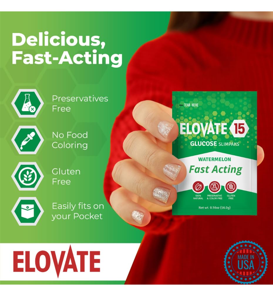 Elovate 15 Fast Acting Glucose Packets - Quick Dissolving, Gluten-Free 15g of Powder Packets Energy Dips - Oral Dextrose Powder for Kids & Adults, Hypoglycemia (12 x Watermelon)