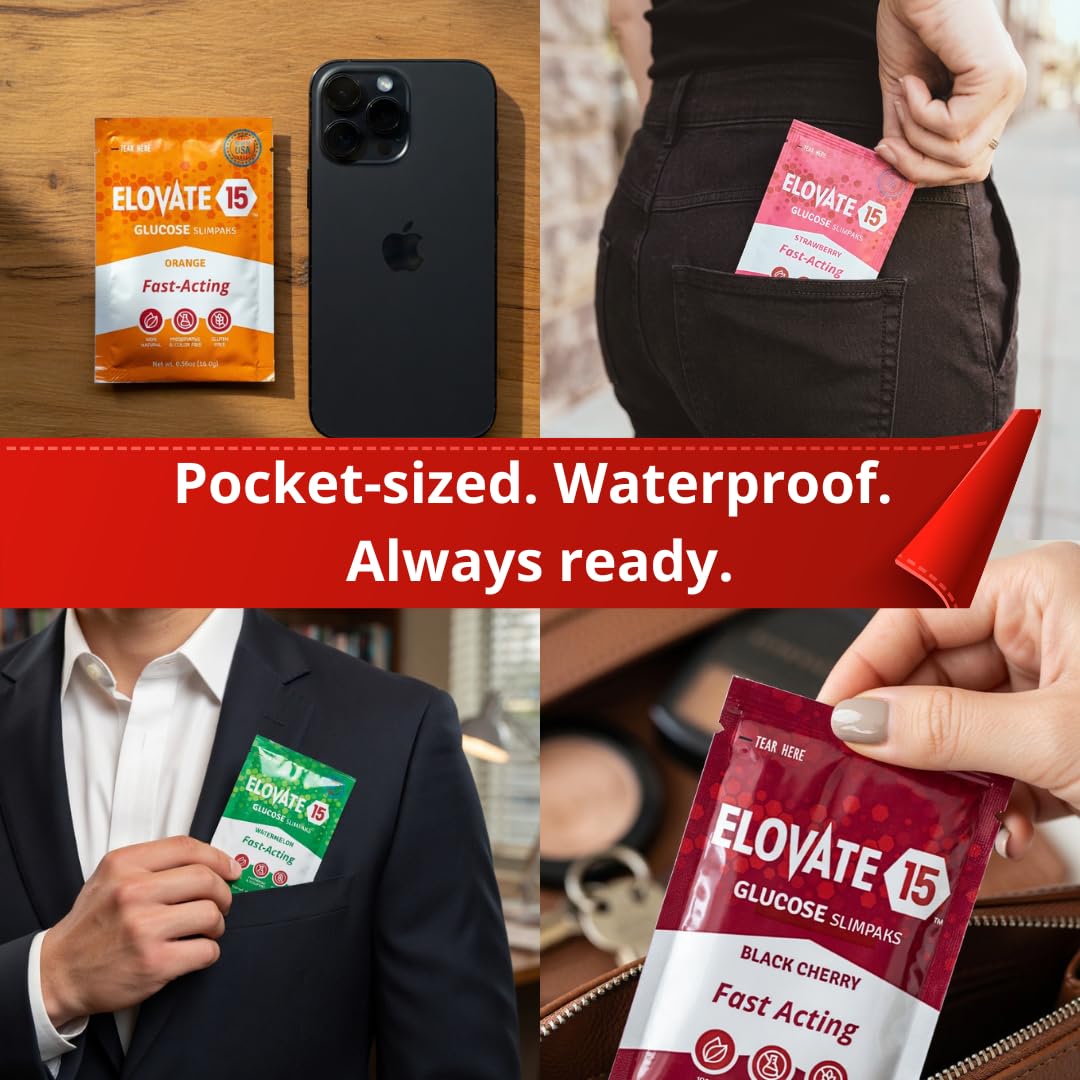 Elovate 15 Fast Acting Glucose Packets - Quick Dissolving, Gluten-Free 15g of Powder Packets Energy Dips - Oral Dextrose Powder for Kids & Adults, Hypoglycemia (12 x Watermelon)
