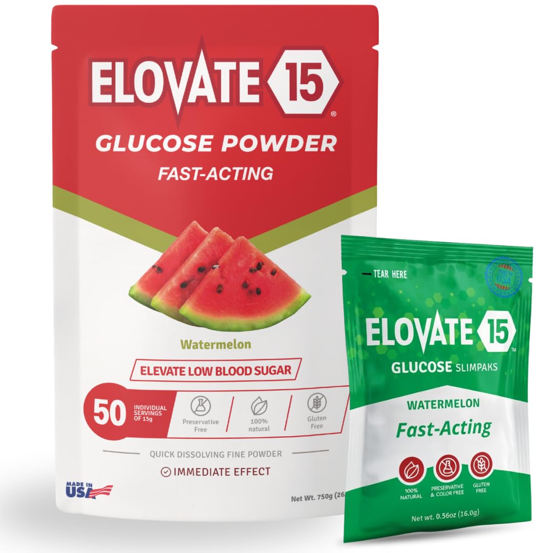 Elovate 15 Fast Acting Glucose Packets - Quick Dissolving, Gluten-Free 15g of Powder Packets Energy Dips - Oral Dextrose Powder for Kids & Adults, Hypoglycemia (12 x Watermelon)
