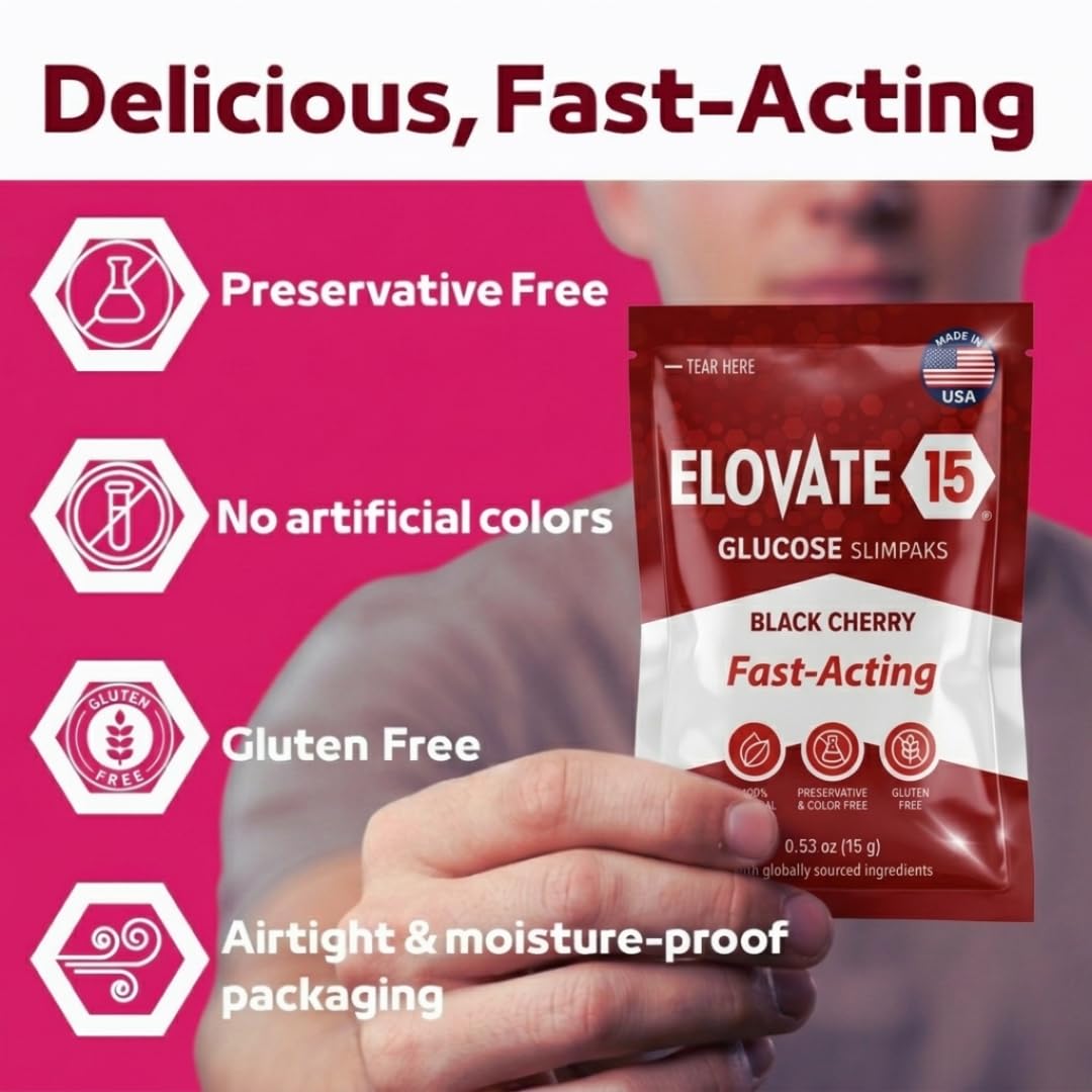 Elovate 15 Fast Acting Glucose Packets - Quick Dissolving, Gluten-Free 15g of Powder Packets Energy Dips - Oral Dextrose Powder for Kids & Adults, Hypoglycemia (12 x Watermelon)