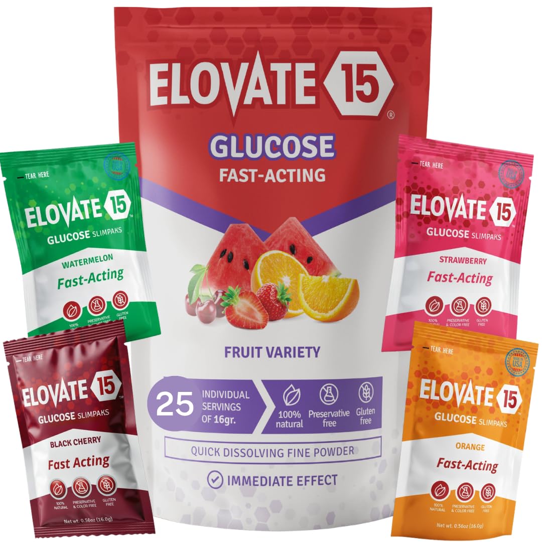 Elovate 15 Fast Acting Glucose Packets - Quick Dissolving, Gluten-Free 15g of Powder Packets Energy Dips - Oral Dextrose Powder for Kids & Adults, Hypoglycemia (12 x Watermelon)