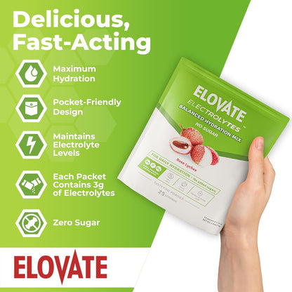 Elovate 15 Zero Sugar Electrolyte Drink Mix - Balanced Hydration Powder Packets 3g Per Stick, Rose Lychee Flavor (Pack of 25)