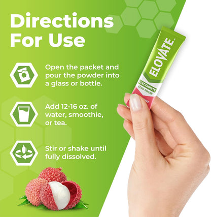 Elovate 15 Zero Sugar Electrolyte Drink Mix - Balanced Hydration Powder Packets 3g Per Stick, Rose Lychee Flavor (Pack of 25)