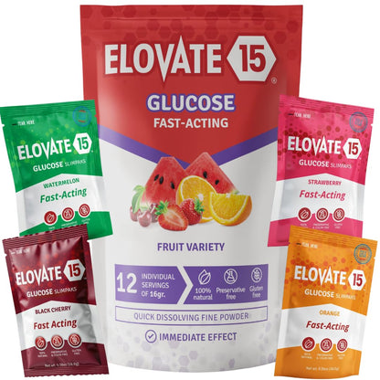 Elovate 15 Fast Acting Glucose Packets - Quick Dissolving, Gluten-Free 15g of Powder Packets Energy Dips - Oral Dextrose Powder for Kids & Adults, Hypoglycemia (12 x Watermelon)
