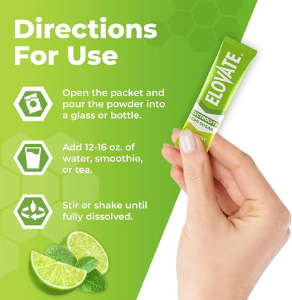 Elovate 15 Zero Sugar Electrolyte Drink Mix - Balanced Hydration Powder Packets 3g Per Stick, Lime Mint Flavor (Pack of 25)
